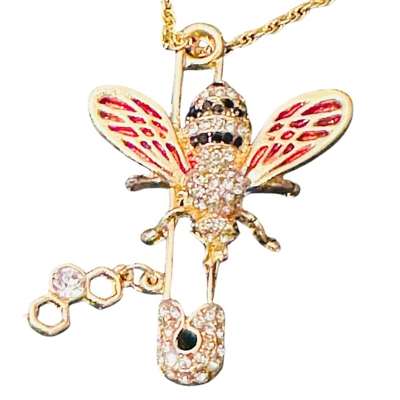 40-25 Golden Bee Brooch/Pendant Necklace with Gemstone Accents - Picture 2 of 4